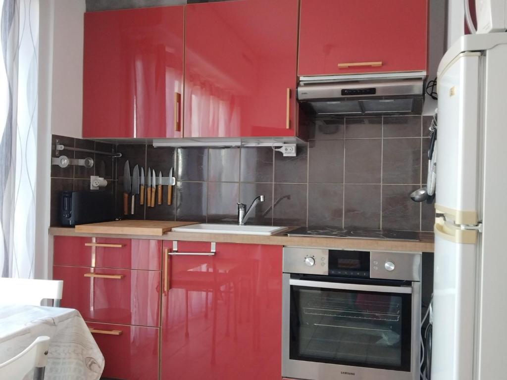 une cuisine avec des armoires rouges et un évier dans l'établissement Studio cosy à 5 min des Thermes, 2 étoiles, animaux acceptés, proche commerces et Etang de Thau - FR-1-503-88, à Balaruc-les-Bains