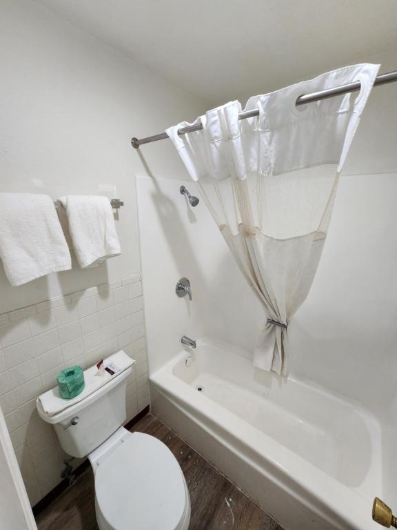 a bathroom with a toilet and a shower with a shower curtain at Satellite Inn in Alamogordo