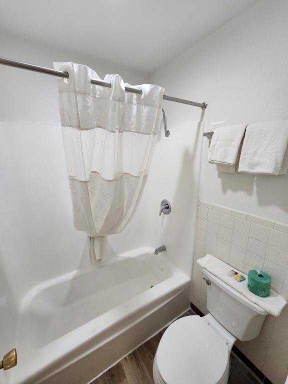 a bathroom with a toilet and a shower curtain at Satellite Inn in Alamogordo