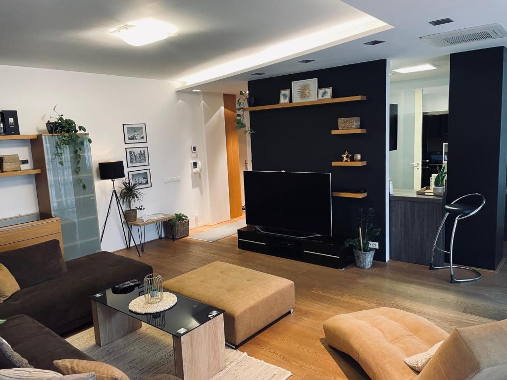 コシツェにあるResident Apartmentのソファとテレビのあるリビングルーム