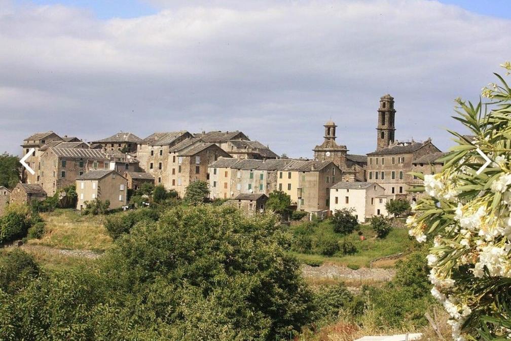 un groupe de bâtiments au sommet d'une colline dans l'établissement Casuccia Piazza di i Fiori, à Penta-di-Casinca