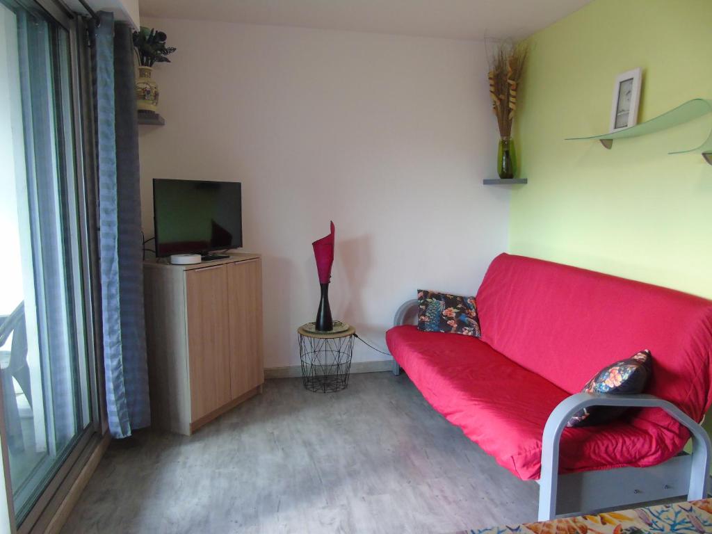 salon z czerwoną kanapą i telewizorem w obiekcie Appartement 4 personnes proche du lac w mieście Gérardmer