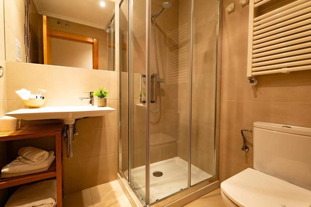 a bathroom with a shower and a sink and a toilet at Miracielos in Barro de Llanes