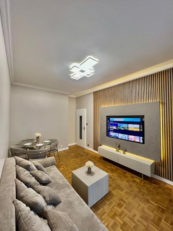 un salon avec un canapé et une télévision à écran plat dans l'établissement Bel appartement centre ville, à Limoges