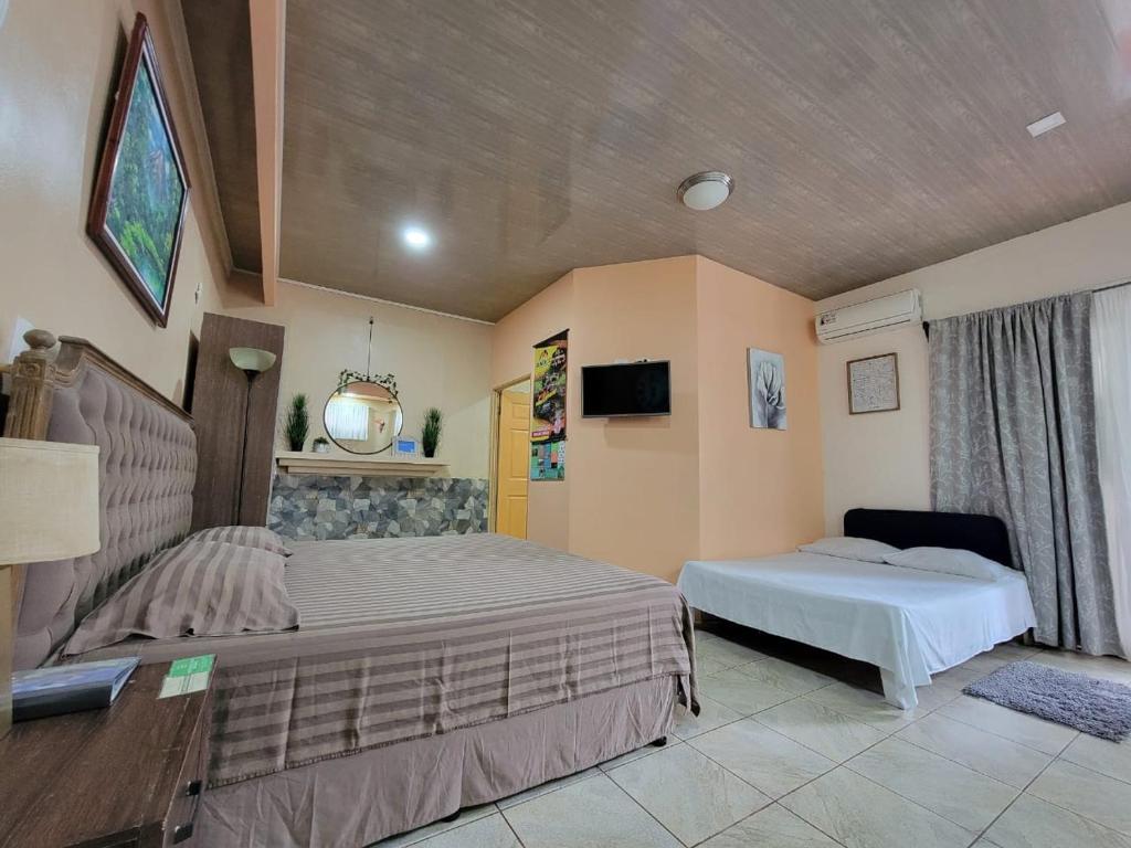 a bedroom with two beds and a television in it at Arenal Memories. in Fortuna
