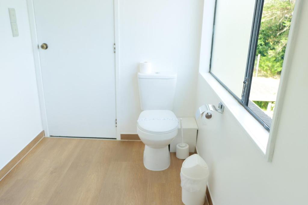 a bathroom with a toilet and a window at Drury Motor Lodge in Drury