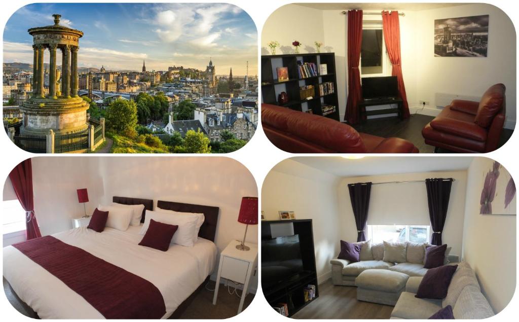 a collage of four pictures of a hotel room at Lochrin Apartments by Edinburgh City Apartments in Edinburgh