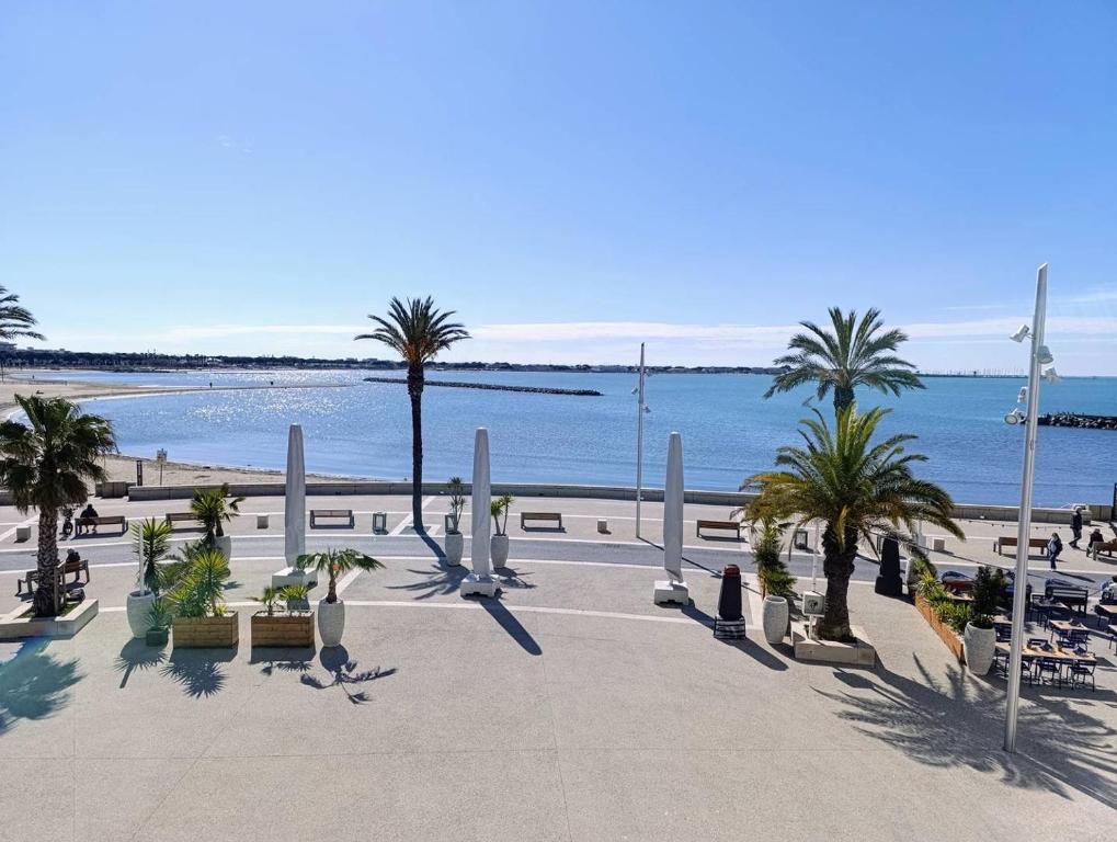 une vue sur une plage avec des palmiers et l'océan dans l'établissement AS25923 - P2 Centre Ville - Vue mer et wifi, au Grau-du-Roi
