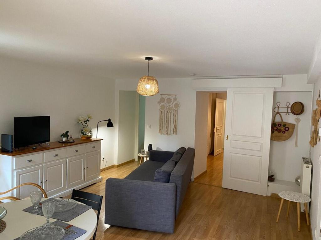 un salon avec un canapé et une table dans l'établissement Colmar Centre renovated cottage 4 people - terrace, à Colmar