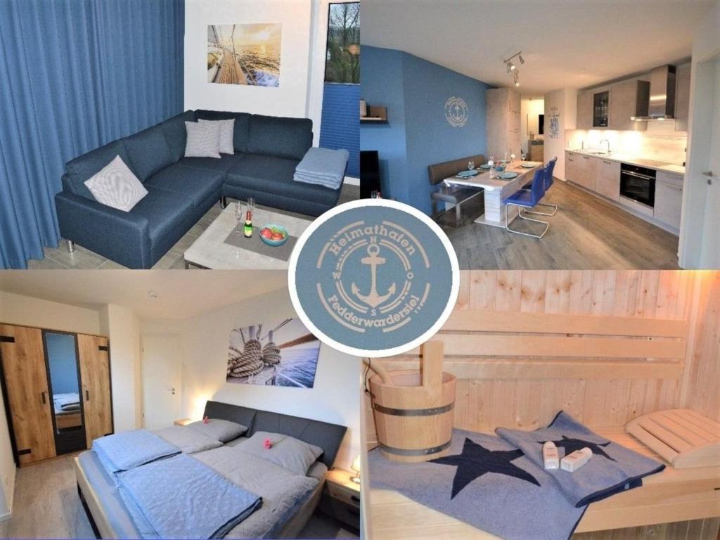 un collage de tres fotos de una sala de estar y una cocina en HeimatHafen, en Fedderwardersiel