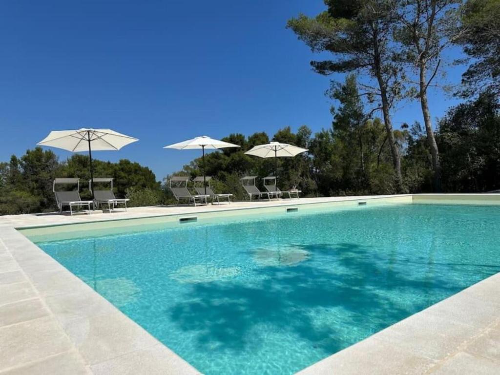 a swimming pool with chairs and umbrellas at Villa Leonardo Luxury Locorotondo in Locorotondo