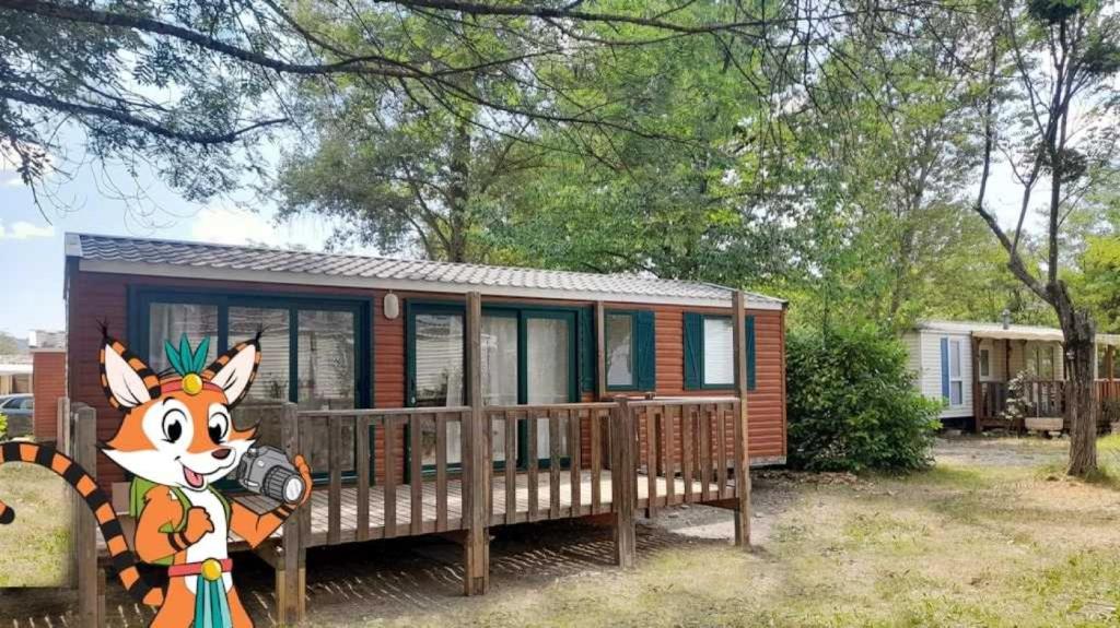 une petite cabane dans les bois avec une maison dans l'établissement Camping 3 étoiles - Piscine - ccbaehg, à Mézel