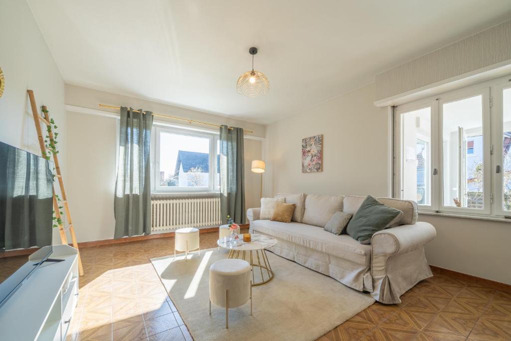 ein Wohnzimmer mit Sofa und Tisch in der Unterkunft La Maison Royale - Terrasse et Jardin in Haguenau