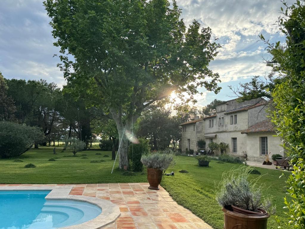 une maison avec une piscine en face d'une cour dans l'établissement Mas Antonine Cigalle, à Arles