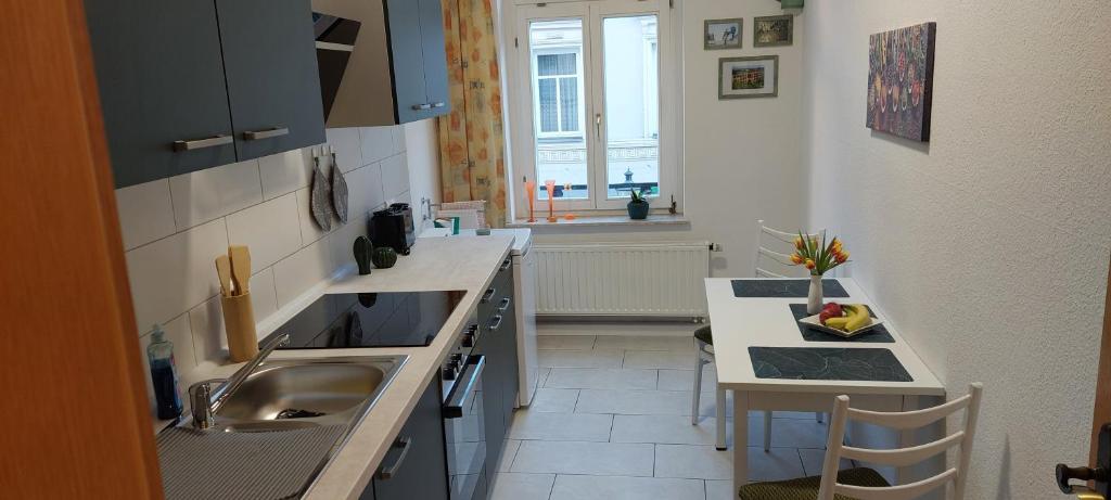 Fewo Mittags-Ruh في رايشنباخ إم فوغتلاند: مطبخ مع حوض وطاولة عمل