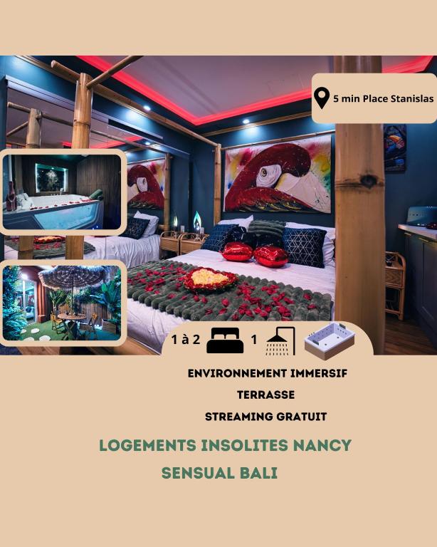 Cette chambre comprend un lit à baldaquin. dans l'établissement Stanislas Sensual Bali Love Room Jacuzzi 300m place Stanislas, à Nancy