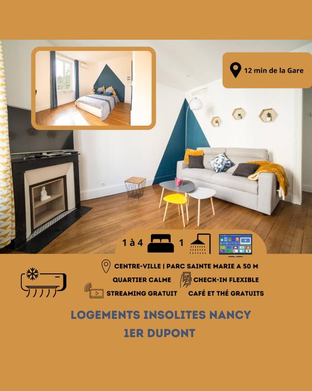 d'un salon avec un lit et une cheminée dans l'établissement Le P'tit Dupont - Logements Insolites, à Nancy