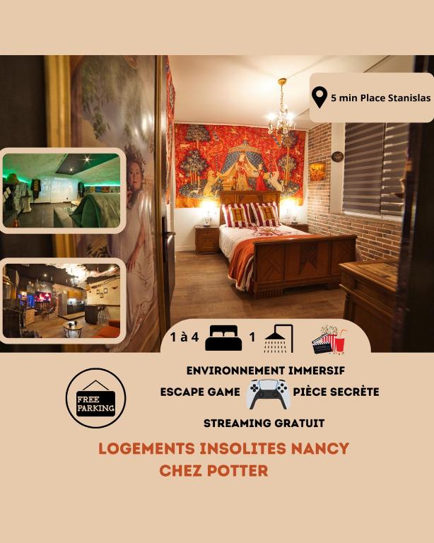 un collage de photos d'une chambre avec un lit dans l'établissement Chez Potter Escape Game, Secret Room, PS5 Garage, Logements Insolites, à Nancy