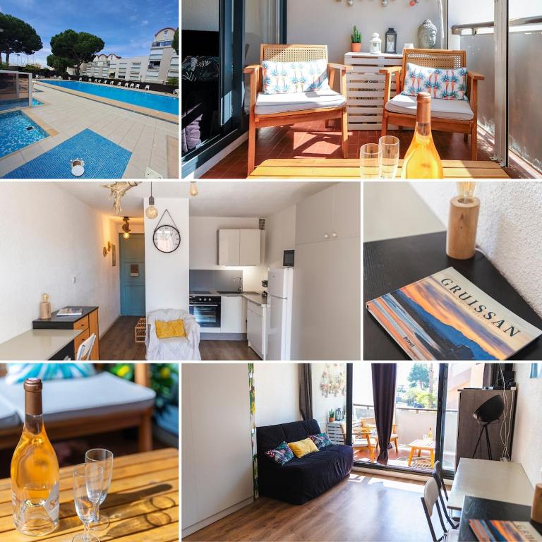 un collage de photos d'un salon dans l'établissement Le Rivage du Nilautom, à Gruissan