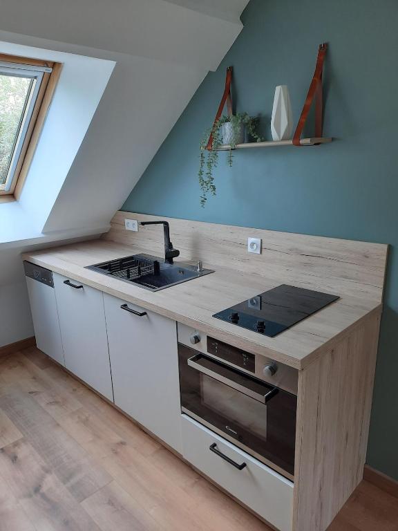 une cuisine avec un évier et une cuisinière dans l'établissement studio proche plage avec jacuzzi, à Camiers