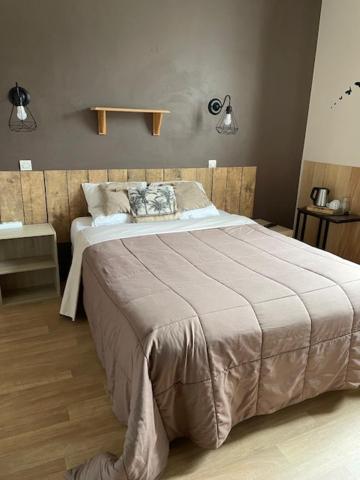 une chambre avec un grand lit dans une pièce dans l'établissement Les Chambres de la Gare, à Noyers-sur-Cher