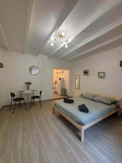 une chambre avec un lit et une table avec des chaises dans l'établissement Charmant studio centre ville jardin des plantes - Montpellier, à Montpellier