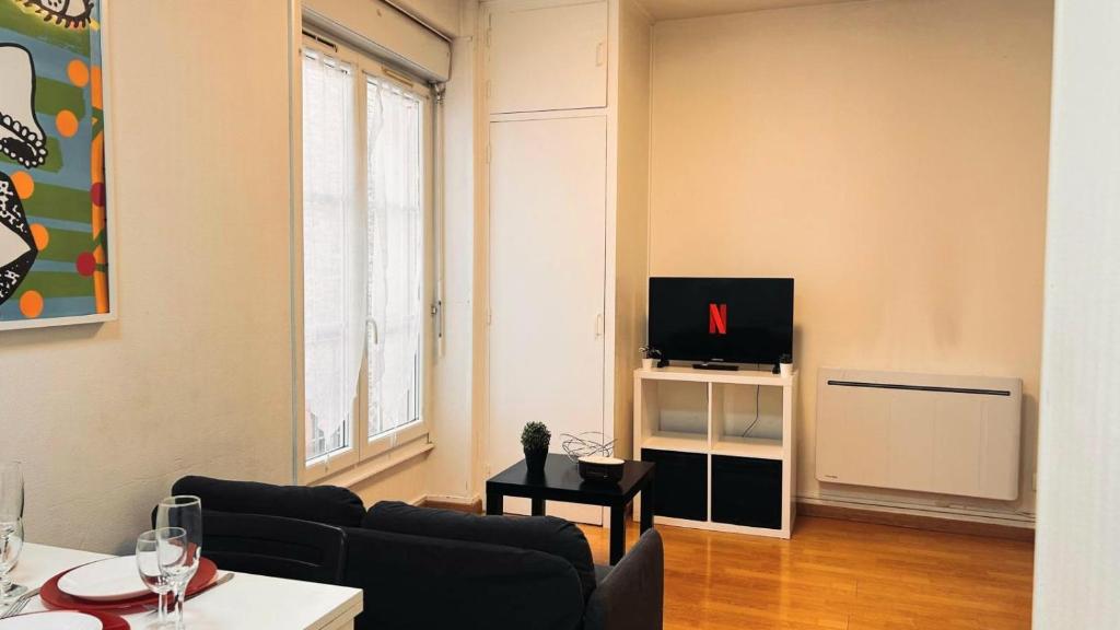 un salon avec un canapé et une télévision dans l'établissement Le Distingué Central - Gare, à Mâcon