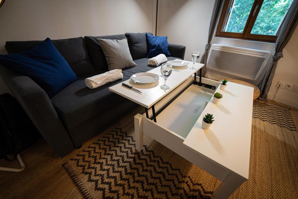 un salon avec un canapé et une table dans l'établissement Le Petit Brienne - Centre-Ville Aéroport TBS, à Toulouse