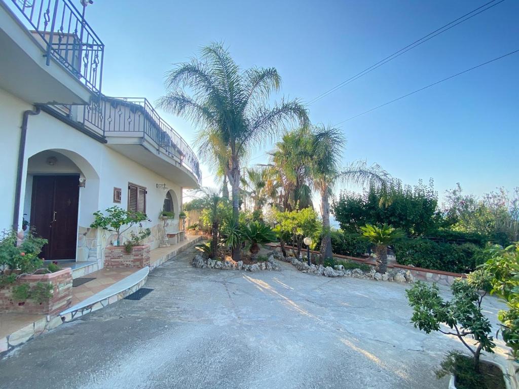 a house with palm trees in front of a driveway at Villa Sunset in Campofelice di Roccella