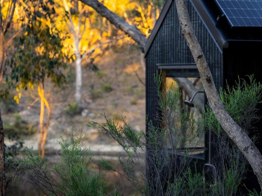 una casa de aves negras con techo solar en Secluded off-Grid cabin with water views - Marcel, en Chewton
