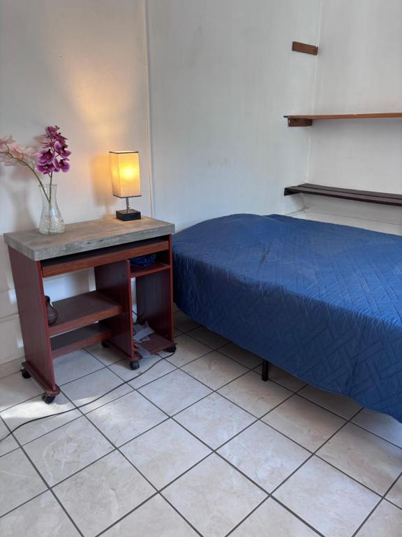 a bedroom with a bed and a desk with a lamp at Bakery loft in Guadalajara