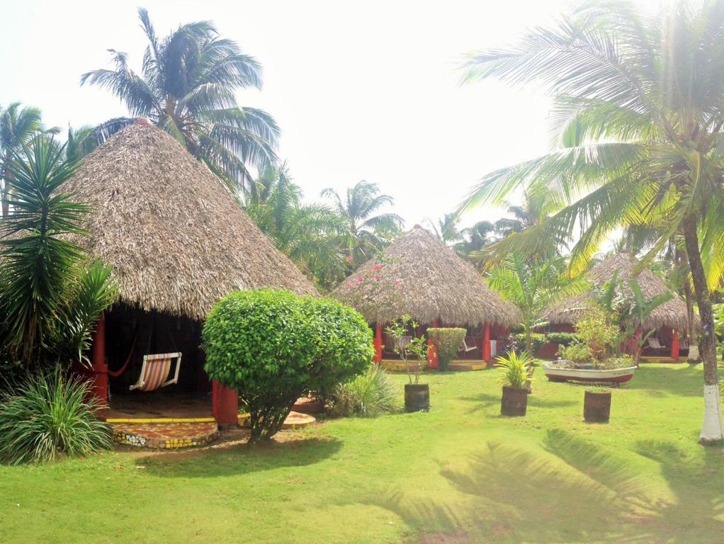 a group of huts with palm trees and grass at Paraiso Beach Hotel in Big Corn Island