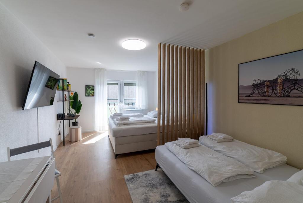 a room with two beds and a room with at Lovely Nest - Goeppingen City, Kitchen, Parking, Up to 4 People in Göppingen