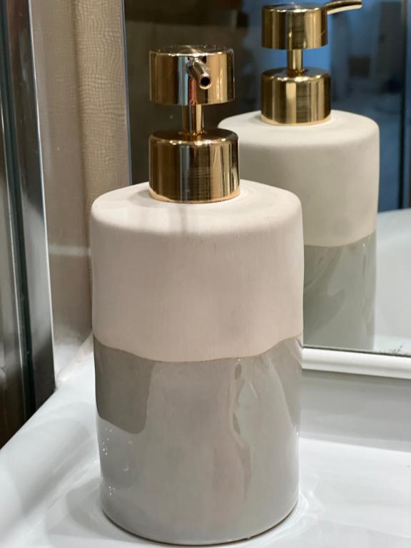 a white and gold soap dispenser on a bathroom sink at Le Petit Mazet près du golf in La Motte