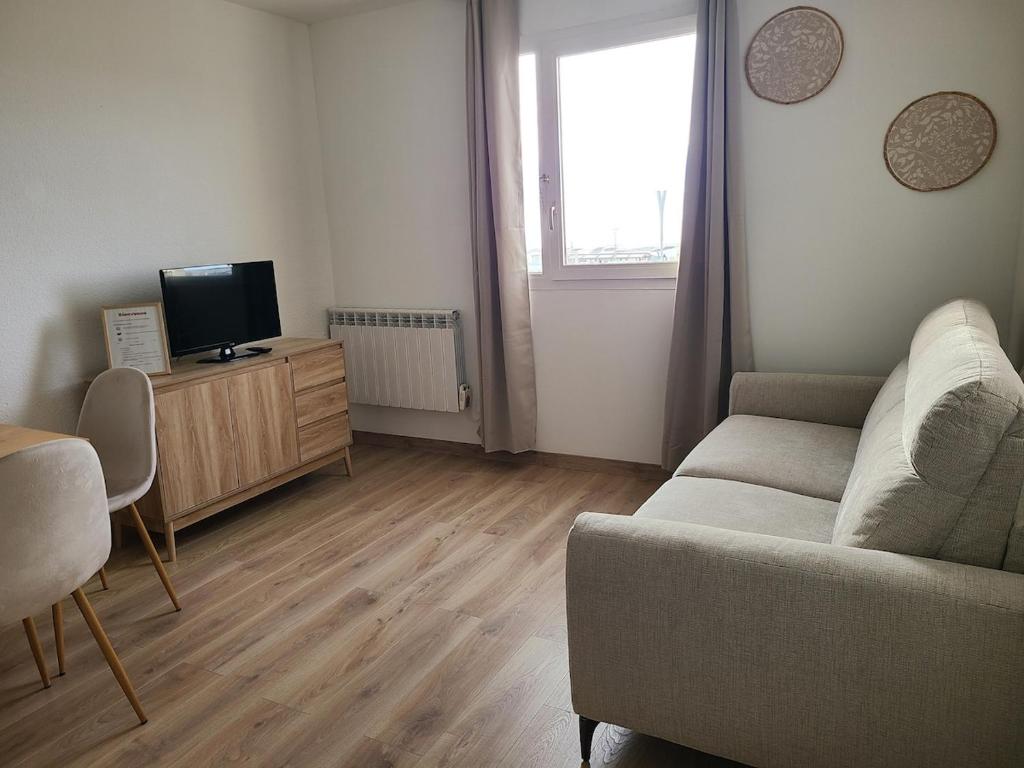 un salon avec un canapé et une télévision dans l'établissement Appartement à la plage, vue sur la mer, à Calais