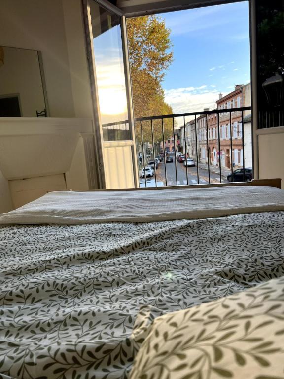 - une chambre avec un lit et une vue sur la rue dans l'établissement Appartement de la République, à Carbonne