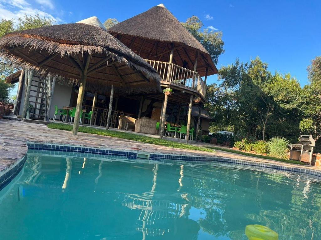 a house with a large swimming pool with a thatch roof at Kolobeng Cottages in Gaborone
