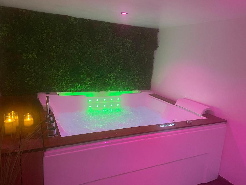 - un bain à remous avec éclairage vert et rose dans la chambre dans l'établissement L'Atelier du Bien Etre with private spa, à Verlincthun