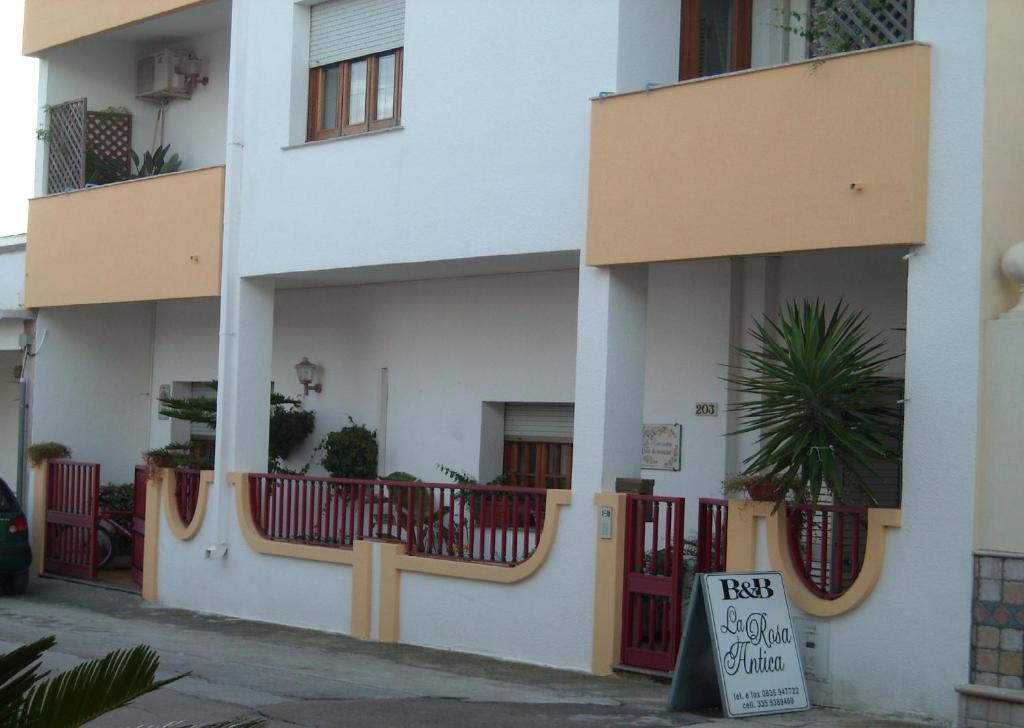 a white building with a sign in front of it at B&B La Rosa Antica in Castro di Lecce