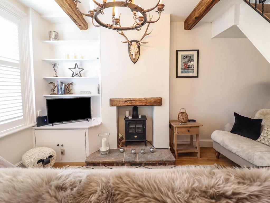 a living room with a couch and a fireplace at Glynside in Conwy