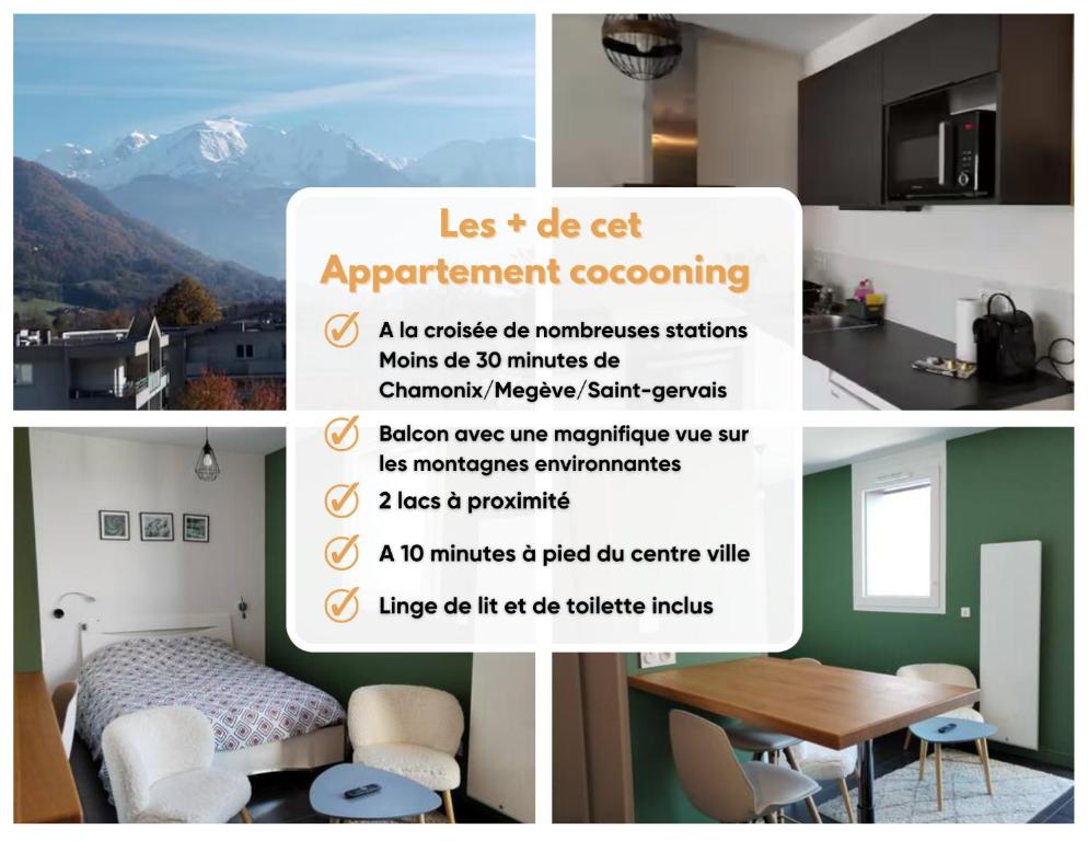 un collage d'images d'une pièce avec une table et des chaises dans l'établissement Résidence prémium MontBlanc, à Sallanches