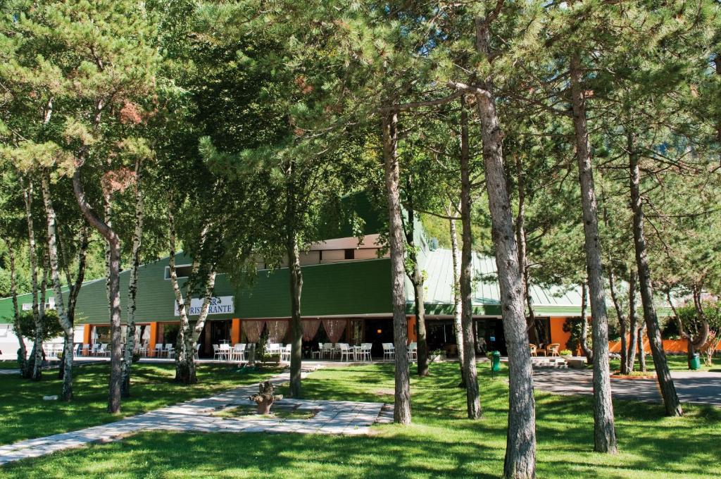 un groupe d'arbres devant un bâtiment dans l'établissement Hotel Carnia, à Venzone