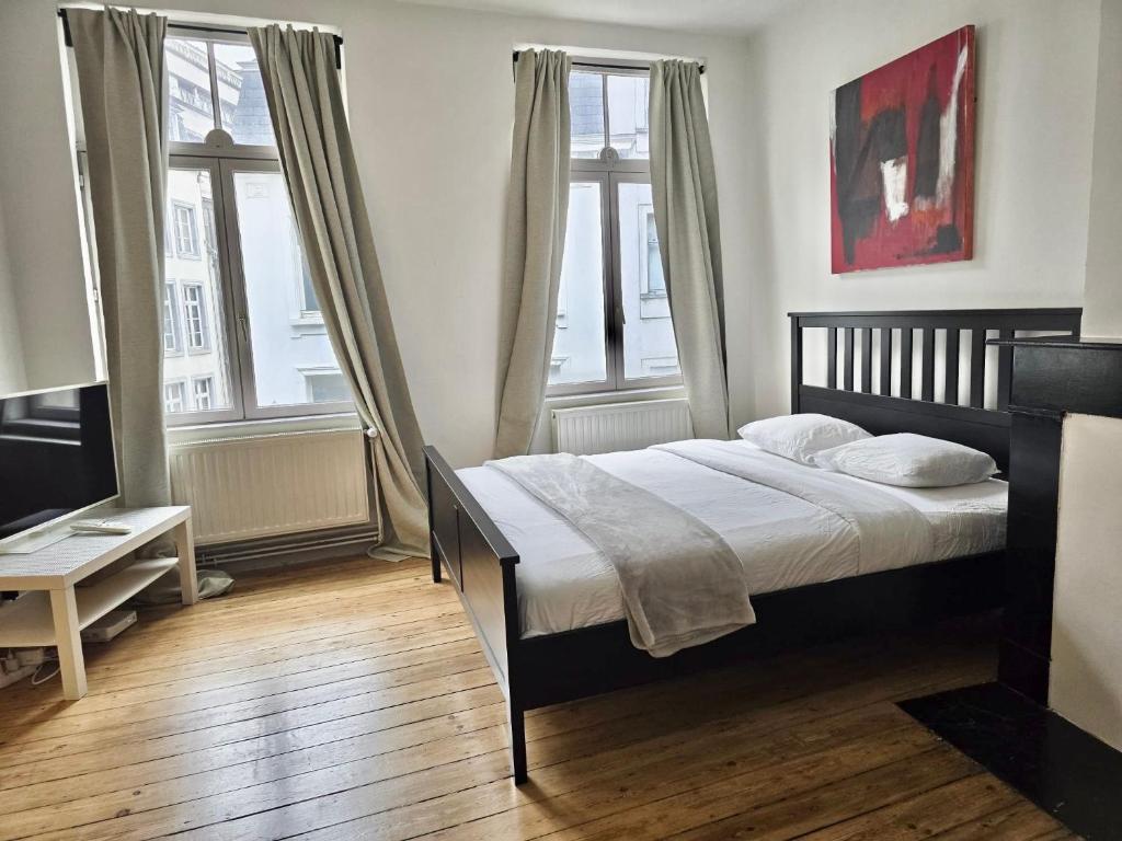 a bedroom with a bed and two windows at Résidence Marianne 2 in Brussels