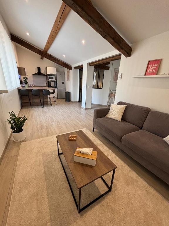 a living room with a couch and a table at Le ST PIERRE, joli T2 entièrement rénové en plein coeur du centre ville in Mâcon