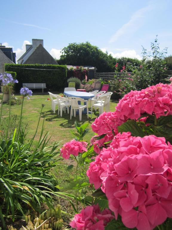 un jardin avec des fleurs roses et une table et des chaises dans l'établissement Maison de vacances avec jardin clos à 300m de la mer, à Pouldreuzic