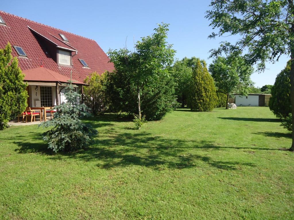 einen Hof mit einem Haus mit einem Baum im Hof in der Unterkunft Deutsches Haus in Szabadkígyós