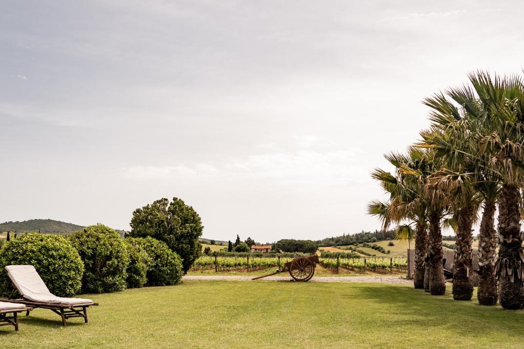 a park with two chairs and palm trees and a fence at Agriturismo Santa Lucia in Fonteblanda