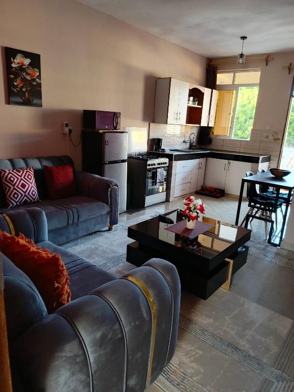 ウクンダにあるCatwalk Factory Apartmentのソファとテーブルのあるリビングルーム