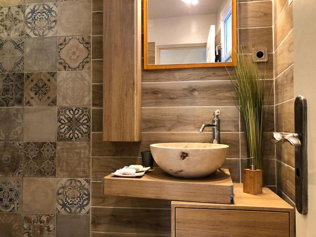 une salle de bain avec un lavabo et un miroir dans l'établissement Appartement quartier roquette Arles, à Arles