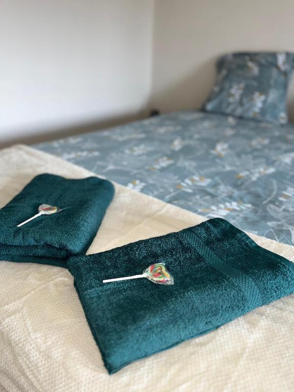 two green towels sitting on top of a bed at Évasion in Marmande